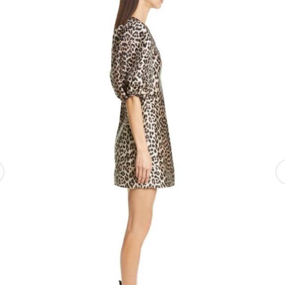 NWT Ganni Leopard Jacquard Puff Sleeve Mini Dress - Picture 3 of 9